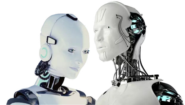 Dos robots sin género con apariencia humano conversan